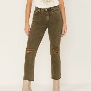 NEW Cleo + Wolf High Rise Distressed Knee Slim Stretch Straight Jean (OLIVE)